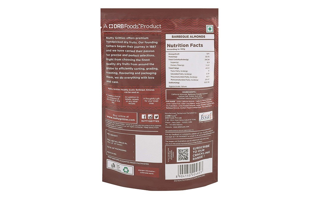Nutty Gritties Barbeque Almonds    Pack  188 grams